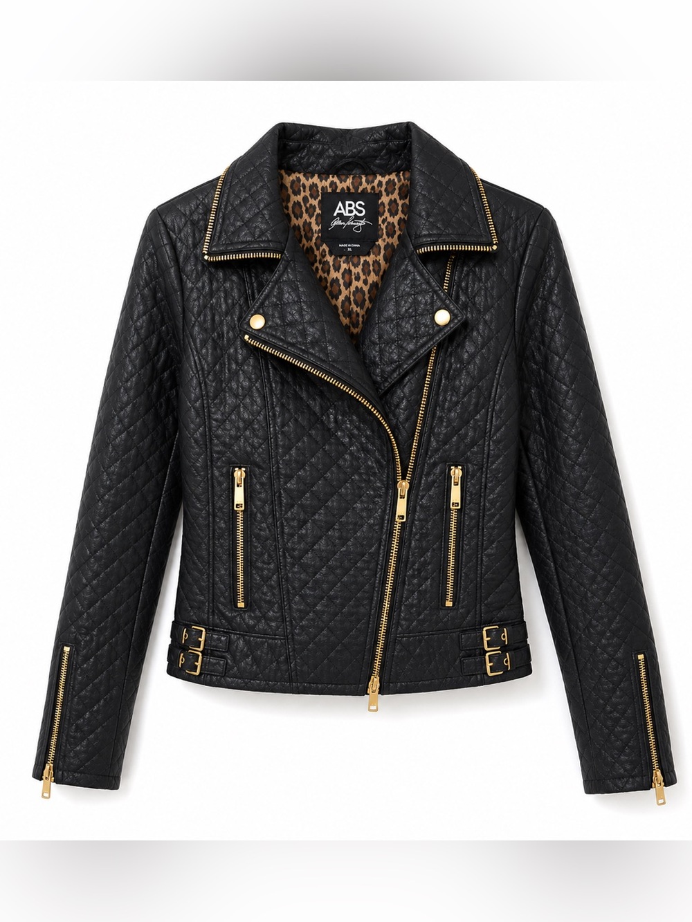 ABS Allen Schwartz Quilted Moto Jacket XL Black Faux Leather Gold Zip Lined